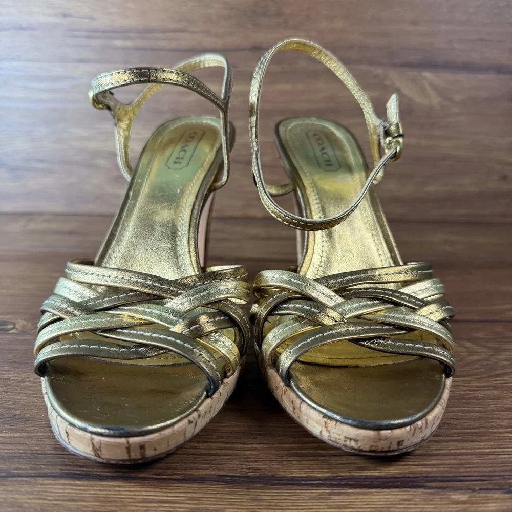 Coach Stephany Strappy Sandal Metallic Gold Size 8 Cork‎ Platform Heel Italy